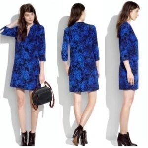 MADEWELL Silk‎ Director Shift Dress Royal Blue Black Long Sleeve V-Neck Small
